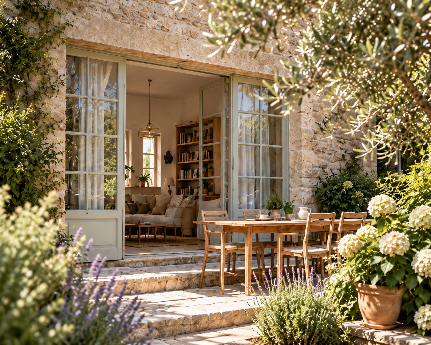 Une maison en pierre ouverte sur une terrasse et un jardin, illustration